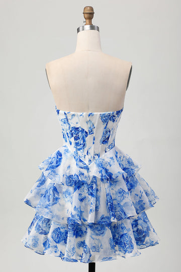 White Blue Floral A-line Sweetheart Corset Tiered Cocktail Dress
